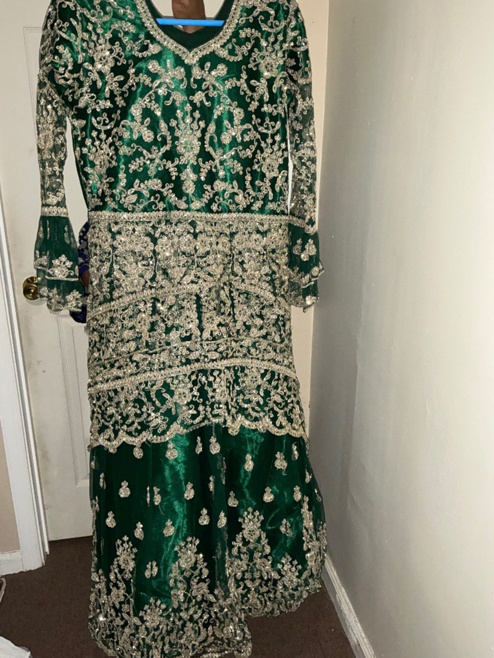 Green and gold embroidery dress
